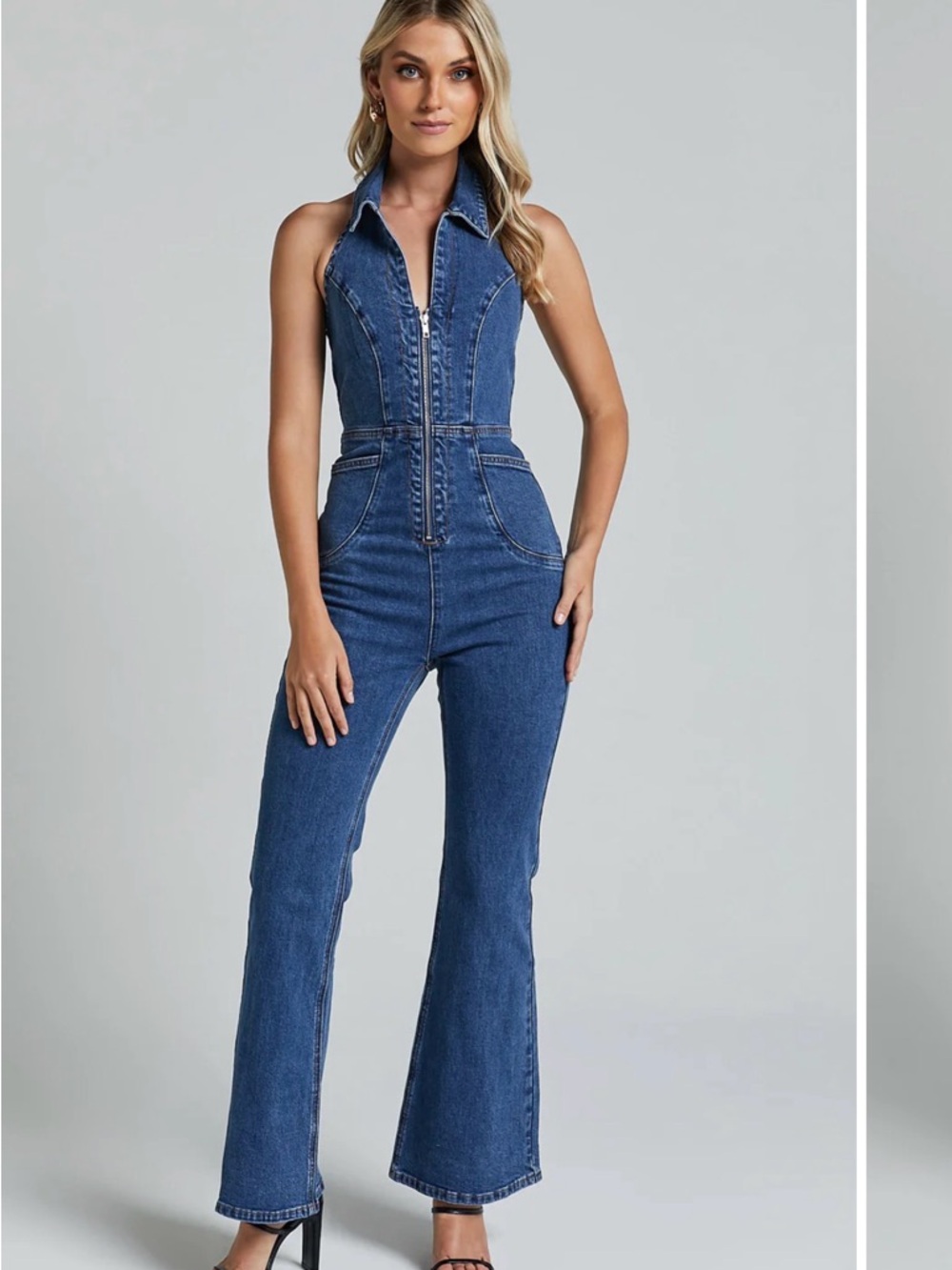 Showpo Blue Denim Halter Zip Bootcut Jumpsuit
